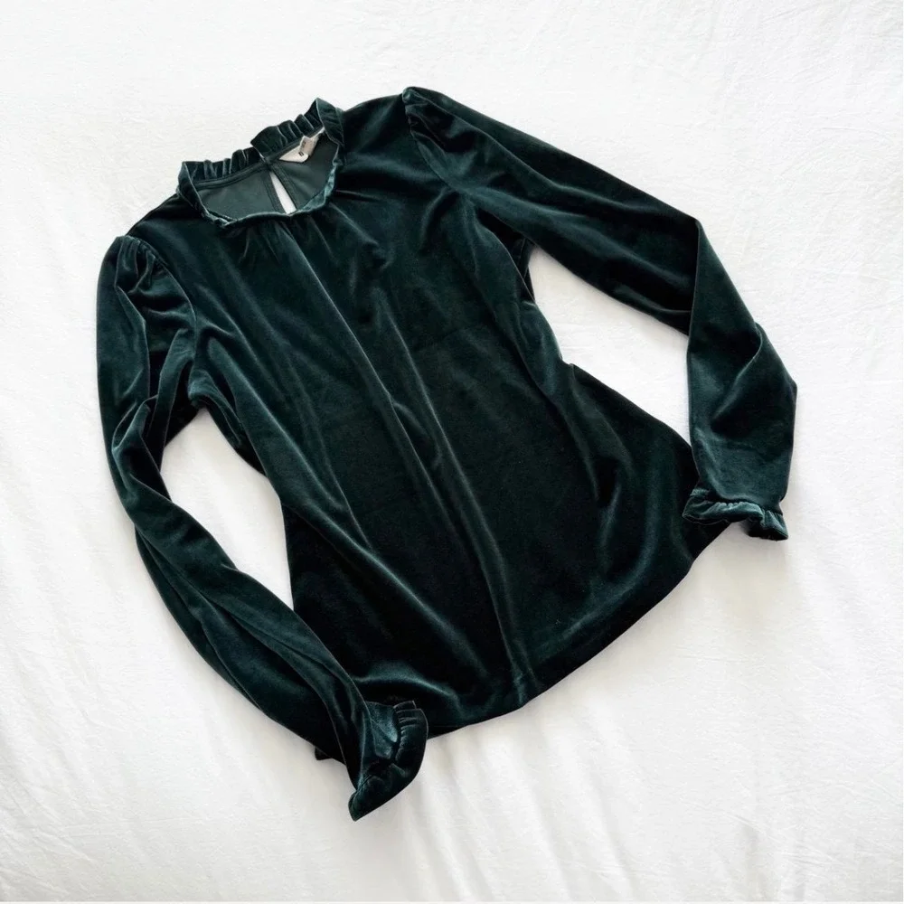 Boden Velvet Frill Neck Top Dark Green Long Sleeve Size US 4 UK 8